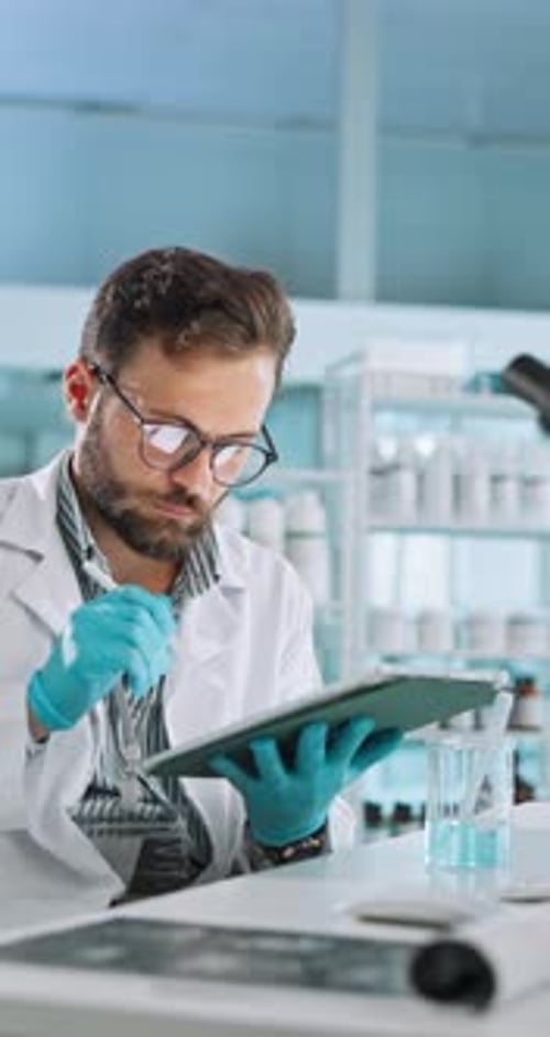 Tablet, scientist and man with test for medical experiment, results and chemistry innovation