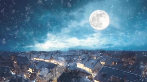 Winter Village in the Mountains Beautiful Christmas Landscape There is a Full Moon in the Sky and It