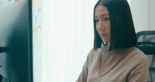 Young adult Asia female freelance typing write prompt AI bot IT app smart program nomad.
