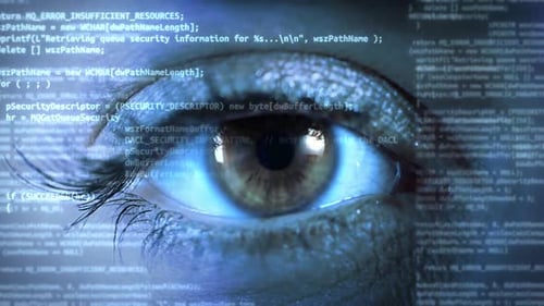 Eye of Hacker Futuristic Technology Macro Shot of Human Eye Holographic Interface