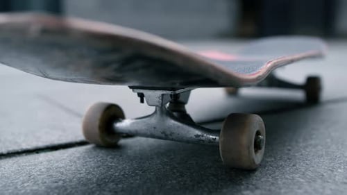 Closeup Skate Wheels On Grey Sidewalk. Bottom View Of Skate Board Staying Outside In Summer Morni...