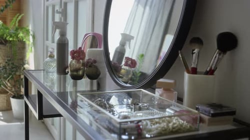 Dressing Table with Mirror, Flowers, Bottles, Brushes, Organiser for Jewellery