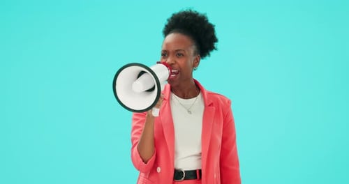 Megaphone, speech and black woman with protest, feedback and announcement on a blue studio