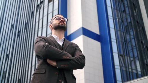 Business Man Fashion Boss Employee Thinking Planning Idea Posing Outdoor Downtown Office Skyscraper