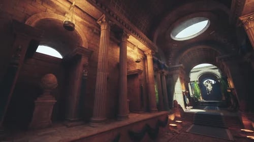 Opulent Hall Decorated with Banners and Glowing Torchlight Ambiance