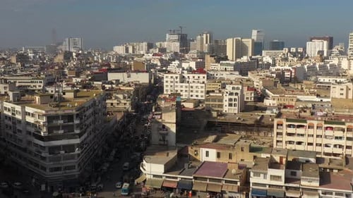 aerial view of the casablanca's downtown with a bbusy traffic