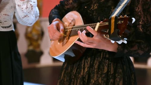 Close-up of two women playing the mandolin