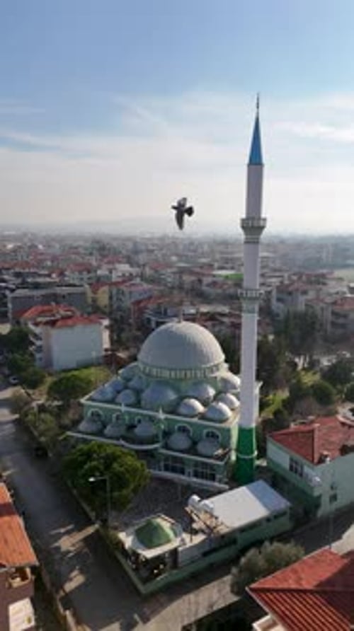 Vue aérienne verticale de la mosquée et des champs agricoles avec la ville en arrière-plan
