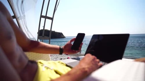 Man Laptop Sea Working Remotely on Seashore Happy Successful Man Male Freelancer Working on Laptop