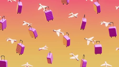 Seamless Loop of Flying Airplanes and Suitcases for Travel