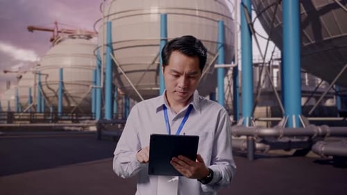 Asian Male Worker Is Working With A Tablet with Spherical Tank