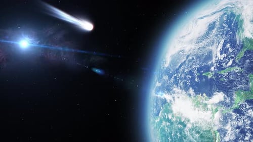 Large white comet very close to impact earth, Outer space view