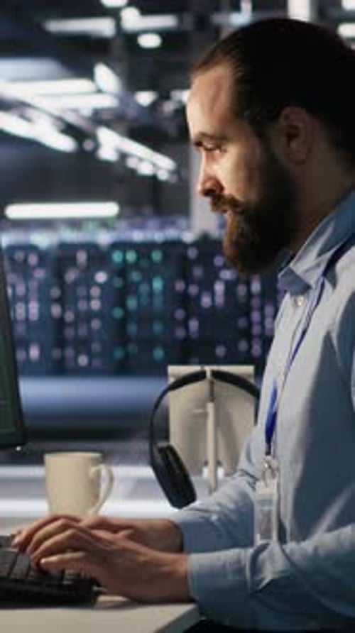 Vertical Video Server Farm Worker Trying to Fix Hacked Equipment Systems