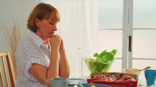 Woman Eating Healthy Meal with Pizza Option