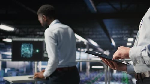 Close Up of Server Room Worker Checking Code on Tablet Next to Colleague