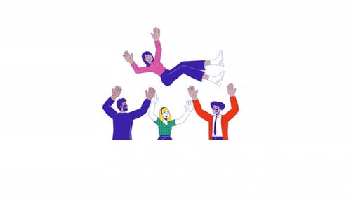 Happy multiracial team celebrating achievements line 2D characters animation