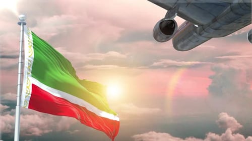 Waving Flag and Passenger Airplane Flying Through Radiant Sky