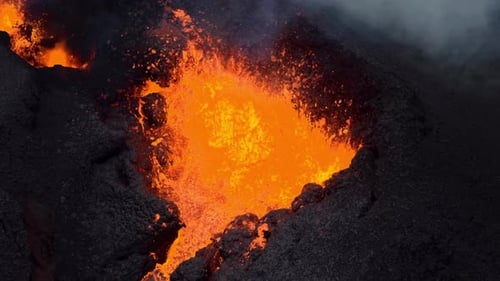 Aerial view of volcano eruption, Iceland.