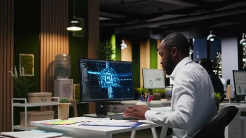 Office Employee Checking Monthly Data Reports with AI Analytics Platform