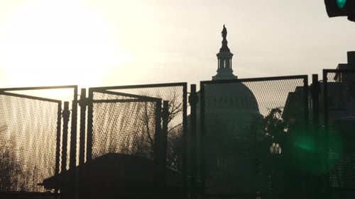 Capitol Dome Behind Security Fence at Sunset Built for Joe Biden Inauguration, Washington D.C.