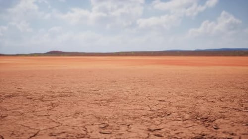 Desert Drought Landscape with Dry Cracked Earth and Blue Sky