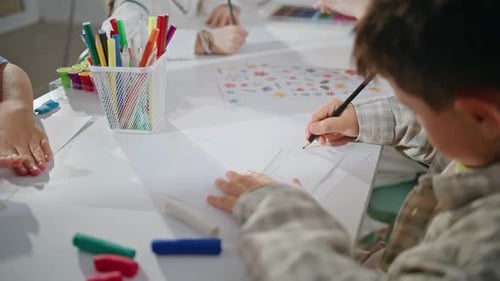 Little Artist Drawing Picture Art Workshop Closeup Talented Kid Holding Pencil