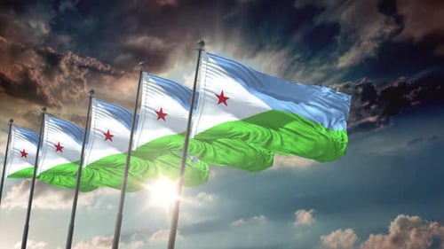 Djibouti National Flags Waving Against Dramatic Sky