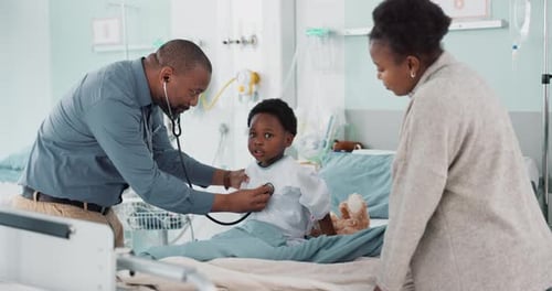 Pediatrician, African and parent with child in hospital for check or healthcare consultation