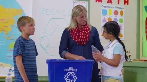 Teacher and Students Recycling Plastic Bottles in Classroom