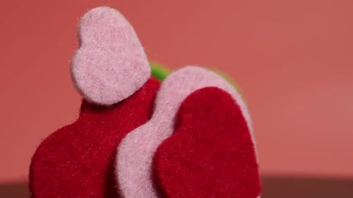 Red and Pink Felt Hearts in Close Up
