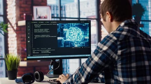 Tech Support Expert Typing on Keyboard Doing Checkup on AI Systems