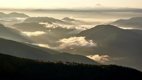 Mountainous Hilly Landscapelow Clouds Inversion Clouds in Valley Landscape After Sunrise