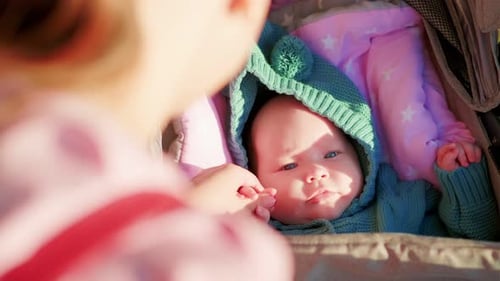 Newborn Baby Girl Sleeping in the Stroller with Her Mother