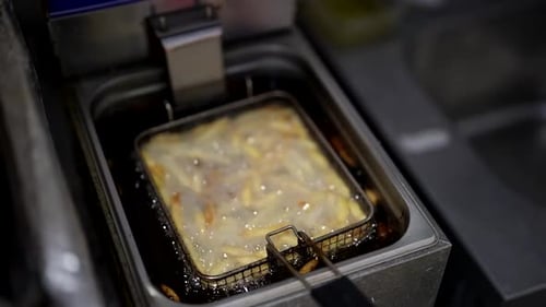 Cooking French Fries in Deep Fryer in Kitchen of Fast Food Restaurant Closeup View