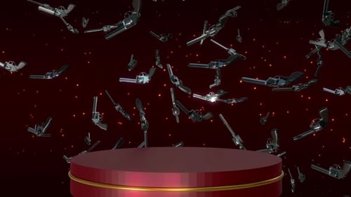 Falling 3D Revolvers Over a Red Podium Background