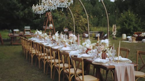 Decorated Dining Table Set Outdoors on Green Lawn