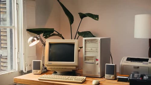 Retro-PC, Computerspiel-Desktop, Vintage-Stil, mit Ladecode, Konsole, Programmierer, der Skripte erstellt, Grün