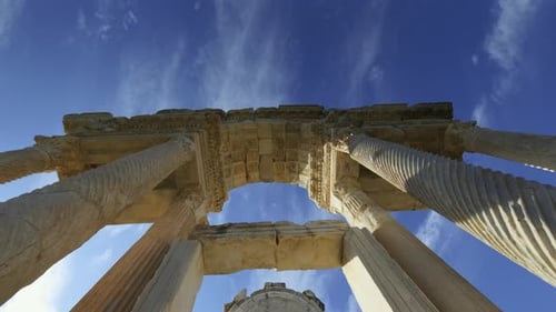 lower angle shot of the aphrodite temple ruins. The ancient city of Aphrodisias, Aydin TURKEY. 4K.