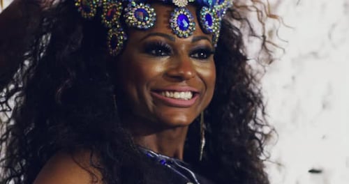 Dance, festival and carnival with woman in costume for celebration, energy and samba in Brazil