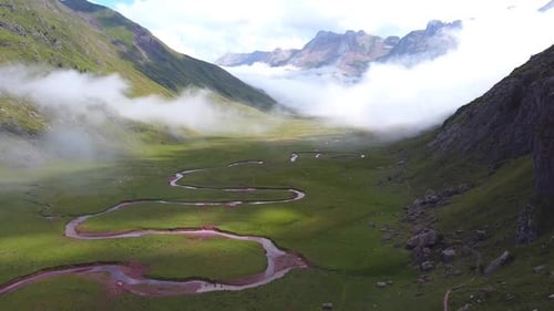 Spanish Pyrenees, Spain - Aerial Drone View (Panning Down) of Valle de Aguas Tuertas Valley with Riv