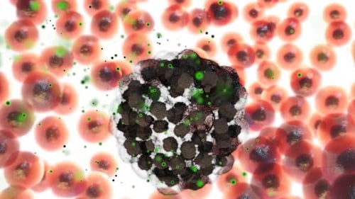 Viral infection attacking red blood cells with green particles
