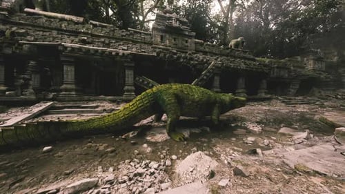 Un crocodile explore d'anciennes ruines dans un décor de jungle tropicale dense