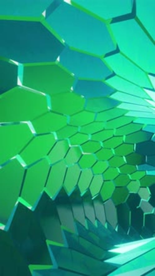 Rotating Green Hexagonal Tunnel Creating Dynamic Light Variations