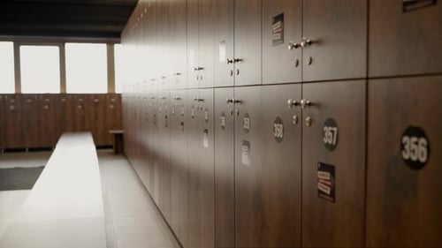 a row of wooden lockers in a locker room