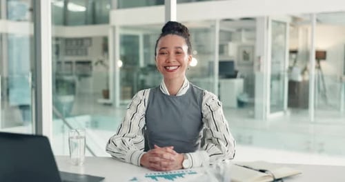 Happy woman, face and analyst with documents in office for company performance or revenue