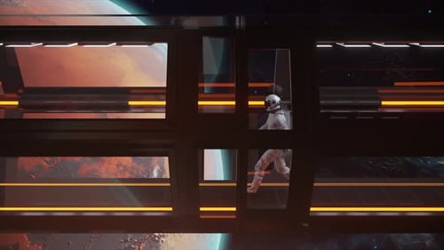 Astronaut Walking in Futuristic Space Station Corridor