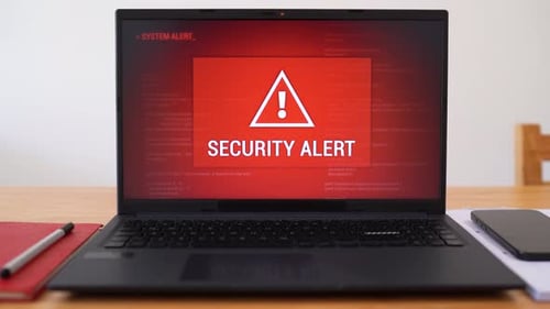 Urgent security alert message on laptop screen. Concept of data breach and protection failure. Zoom