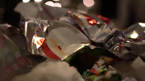 Gift wrapping bunched up after opening presents Christmas morning - isolated close up