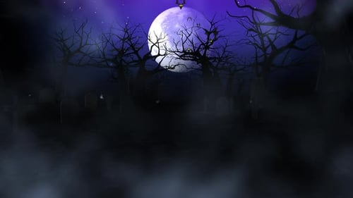 Spooky Halloween Graveyard Animation with Full Moon and Flying Bats