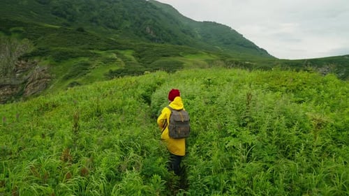 Geological Expedition In Kamchatka Peninsula Woman Traveler Walking In Beautiful Place In Mountains